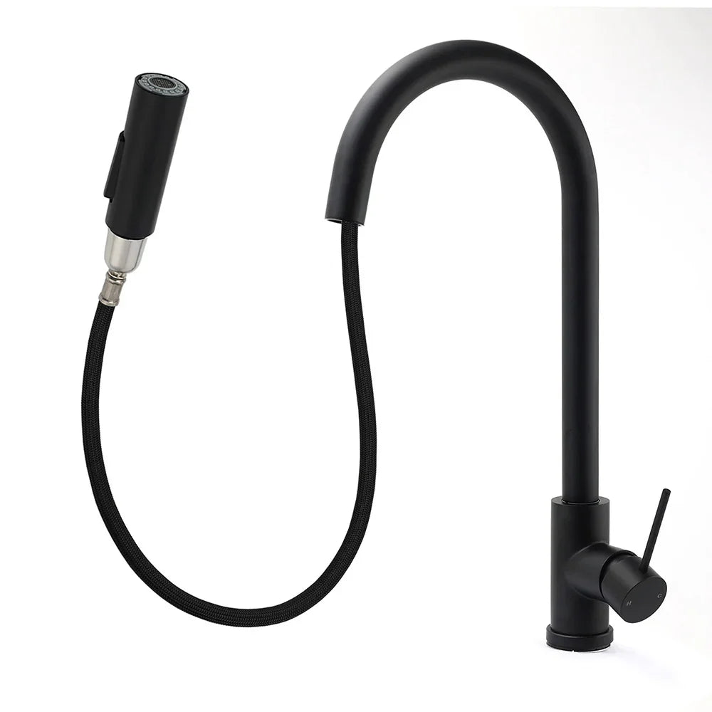 Matt Black Round Pull Out Down Kitchen Sink Tap Laundry Basin Mixer 2 Way Spout
