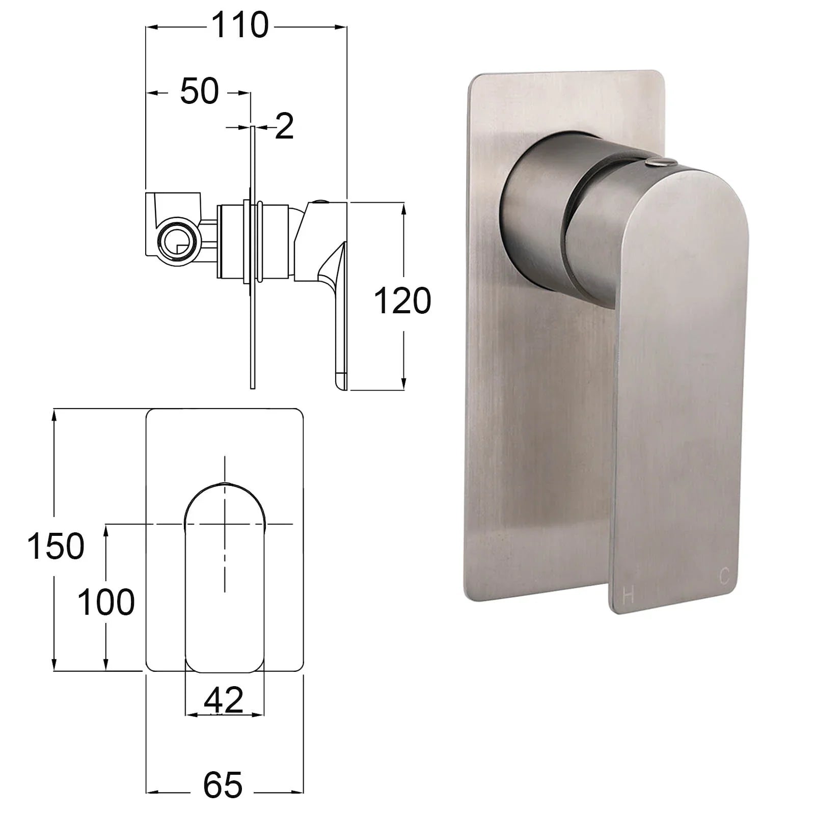 Brushed Nickel Bathroom Flat Lever Handle Shower Mixer Hot Cold Water Tap Valve