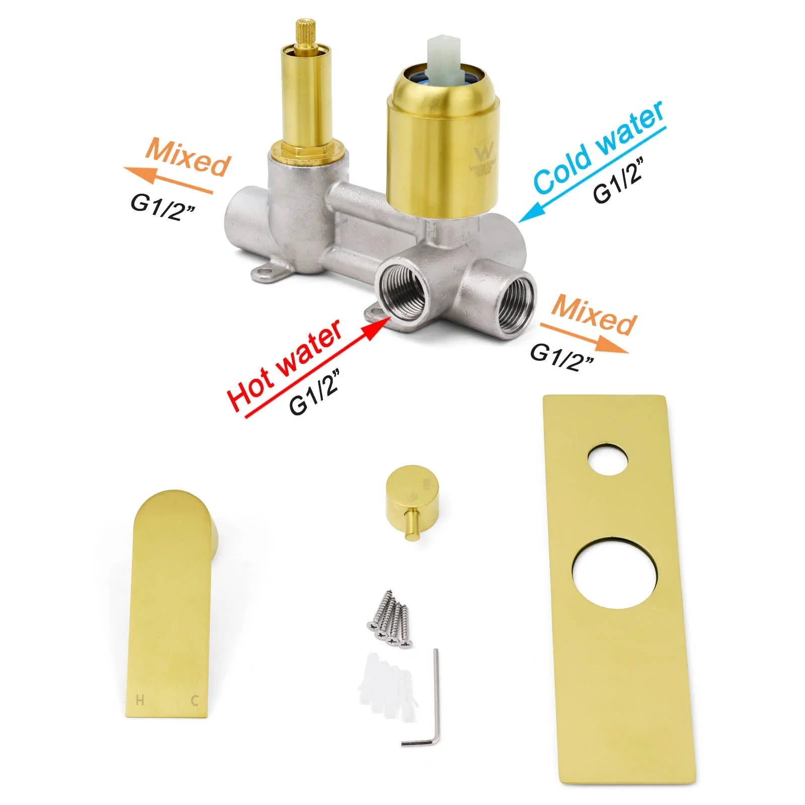 Brushed Gold Bathroom Square Concealed Shower Mixer Diverter Switch Wall Mounnt