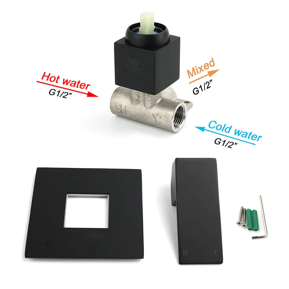 Matt Black Square Shower Mixer Hot Cold Tap Ceramic Cartridge Spindle Watermark