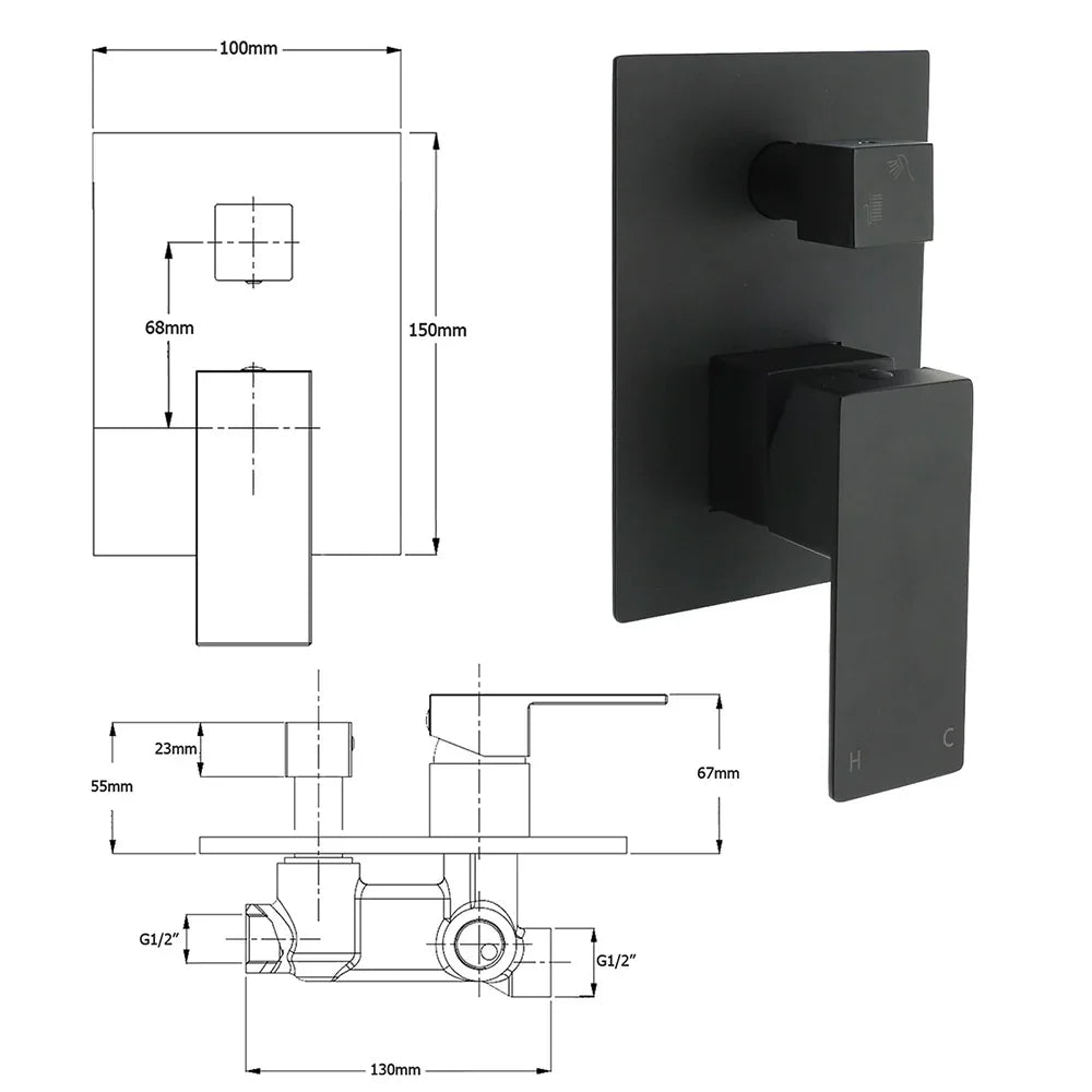 Matt Black Square Stainless Steel Shower Mixer 2 Way Bath Set Diverter Watermark