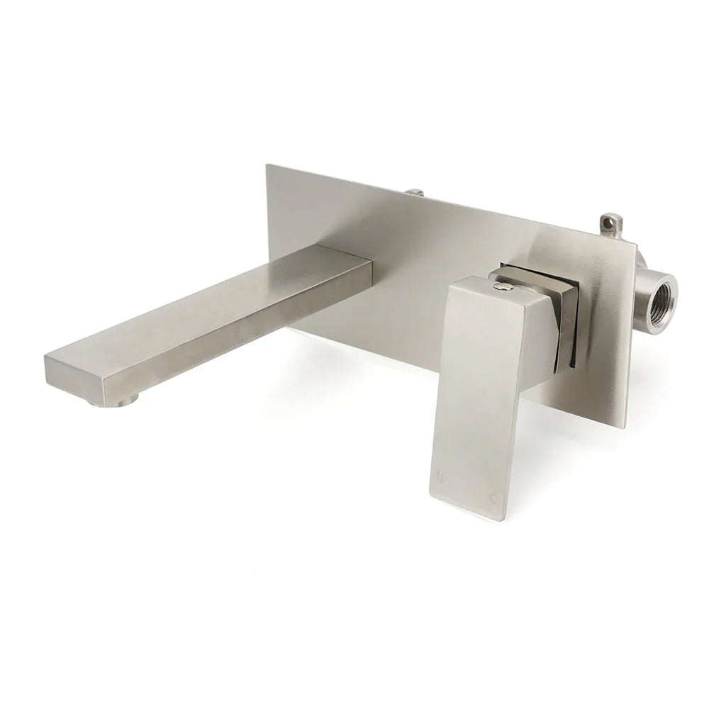 Brushed Nickel Square Wall Mount Basin Mixer Laundry Vanity Tap Spout Faucet Set