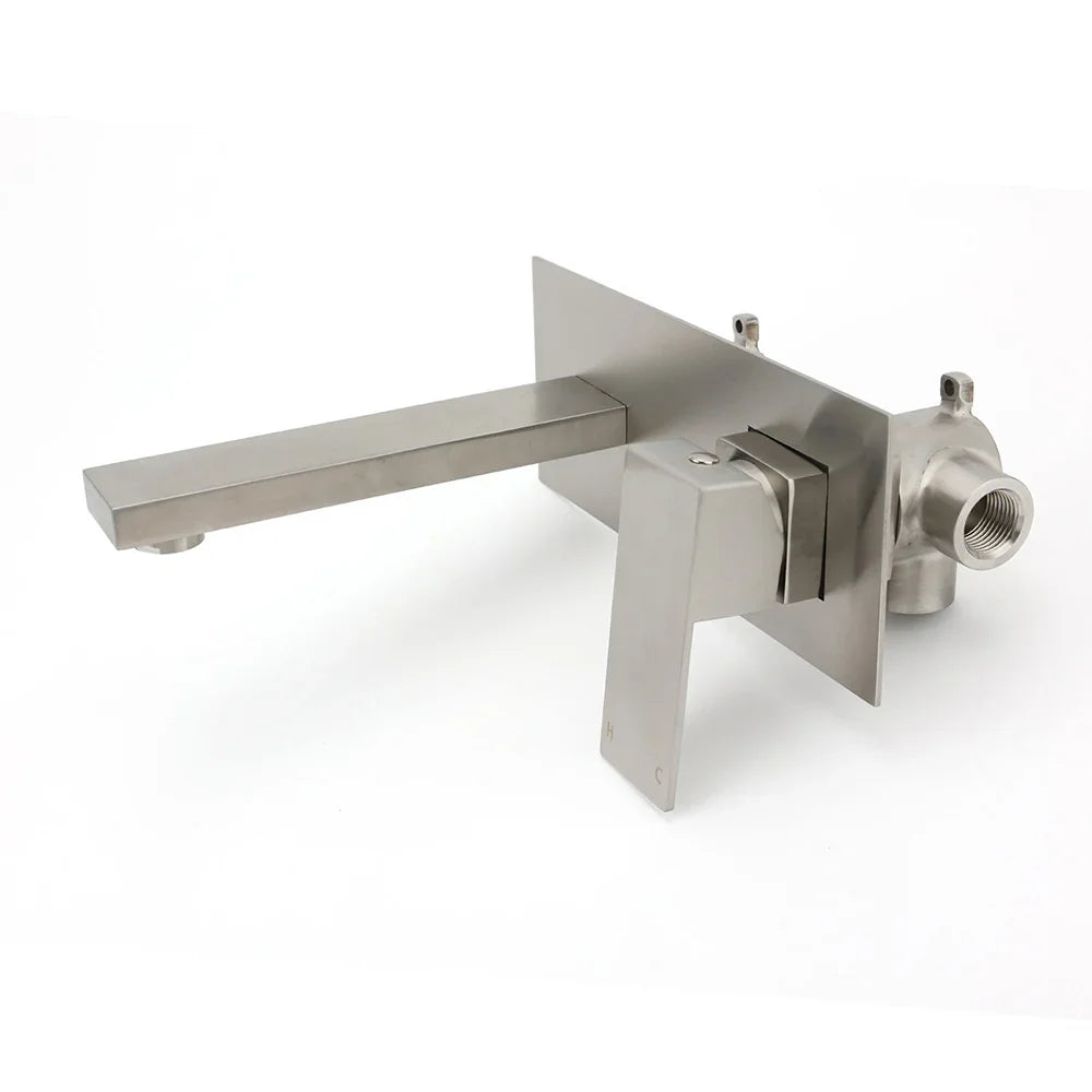 Brushed Nickel Square Wall Mount Basin Mixer Laundry Vanity Tap Spout Faucet Set