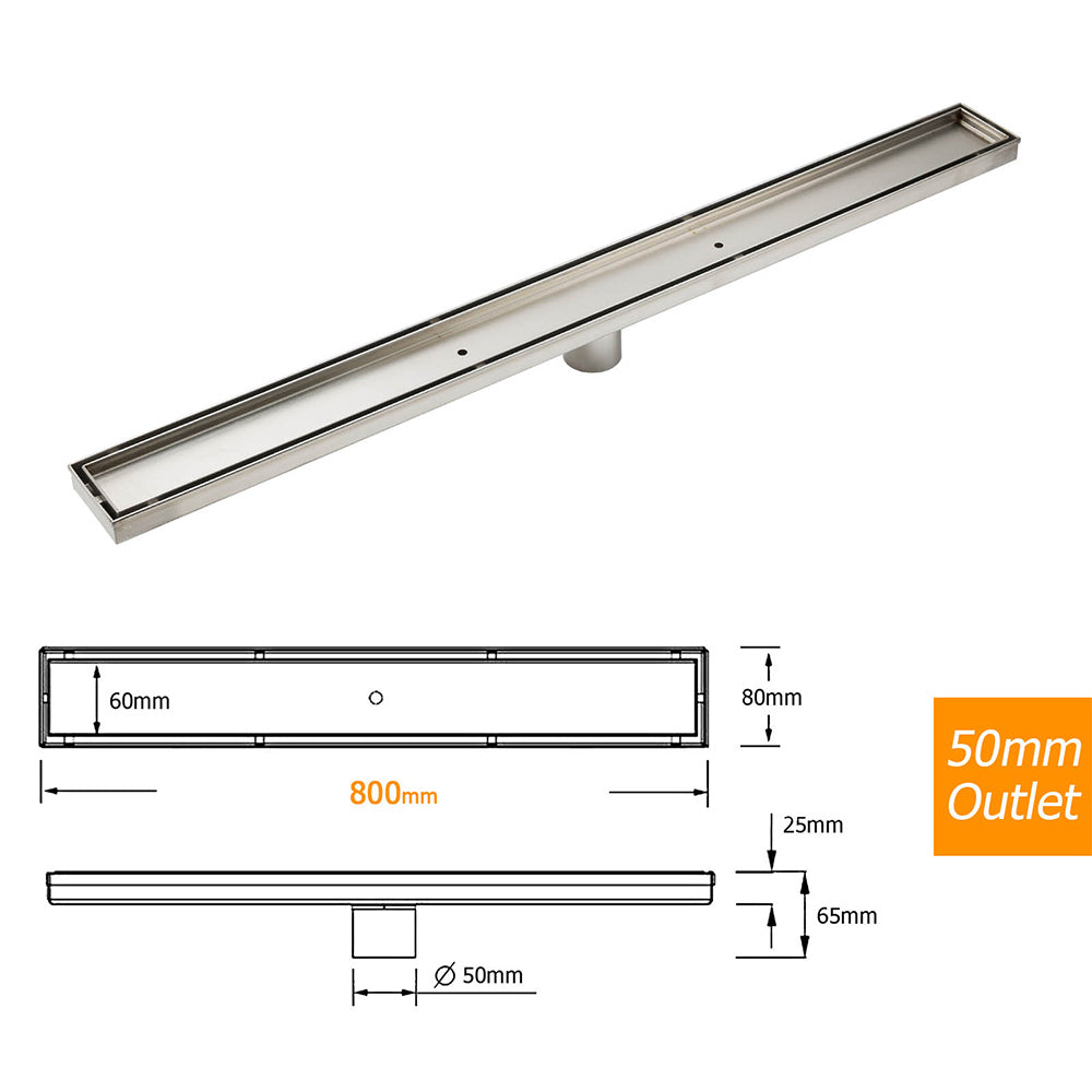 304 Stainless Steel 800mm Tile Insert Linear Shower Grate Floor Drain 50mm Waste