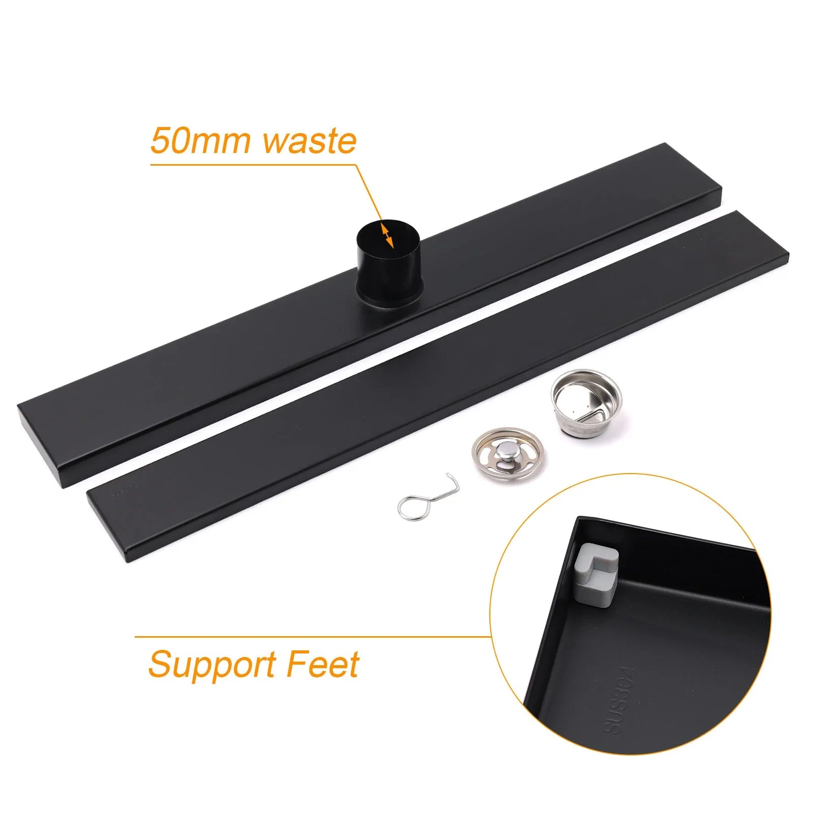 Matt Black 800mm Tile Insert Bathroom Floor Drain Shower Grate 50mm Outlet Waste