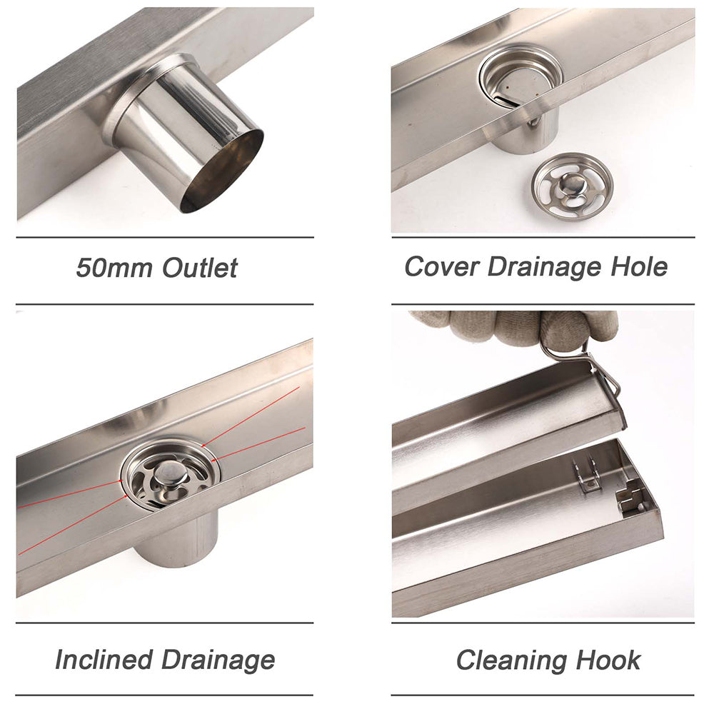 WaterMark Brushed Steel 900mm Tile Insert Shower Grate Floor Drain 50mm Outlet