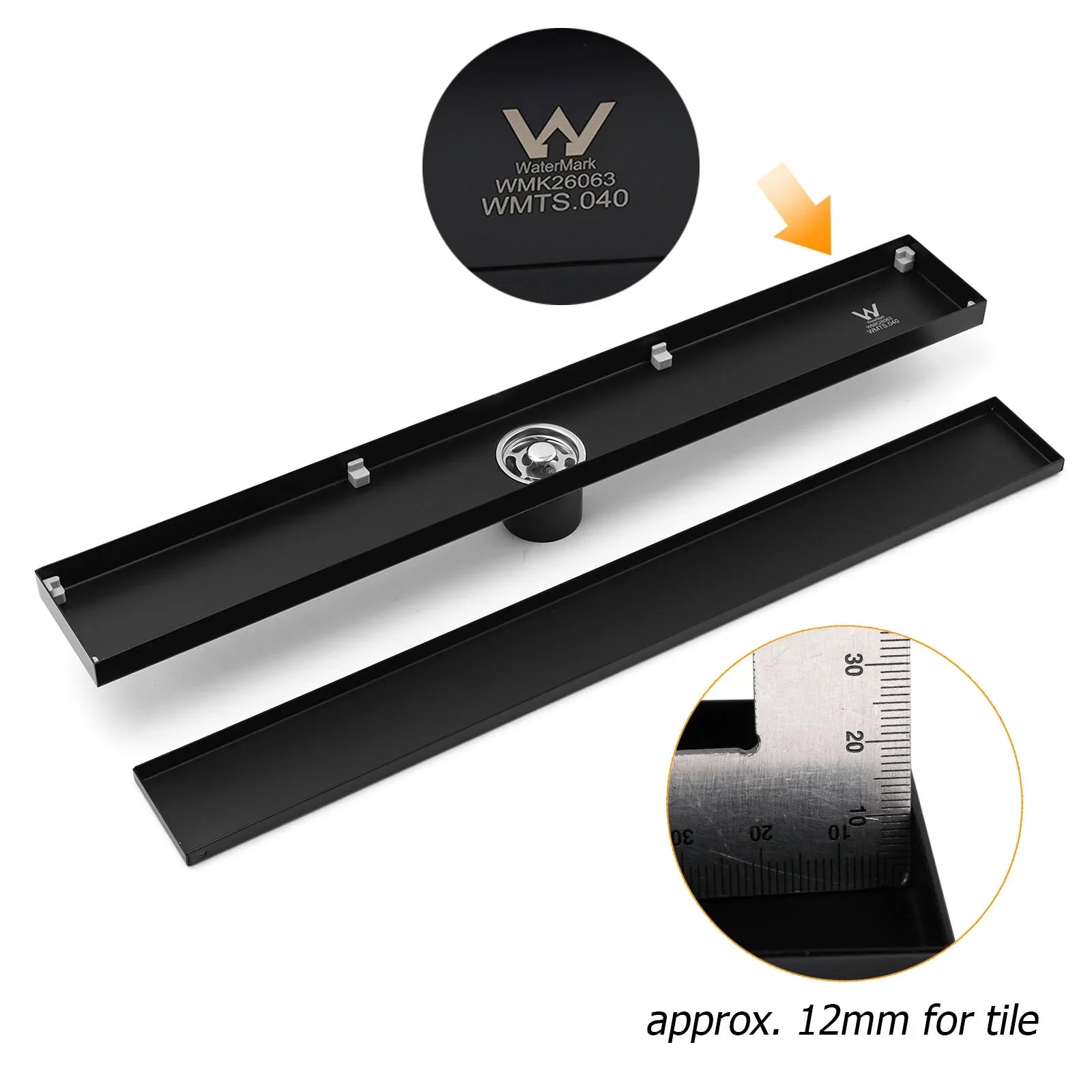 WaterMark Matt Black 900mm Tile Insert Shower Grate Floor Drain 50mm Flow Waste