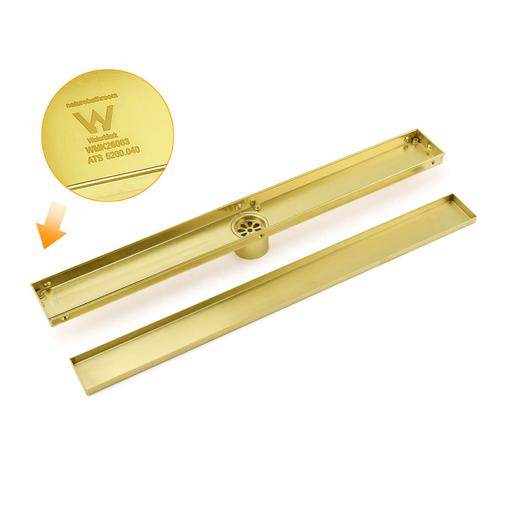 Brushed Gold 600mm Tile Insert Linear Shower Grate Floor Drain 50mm Outlet Waste