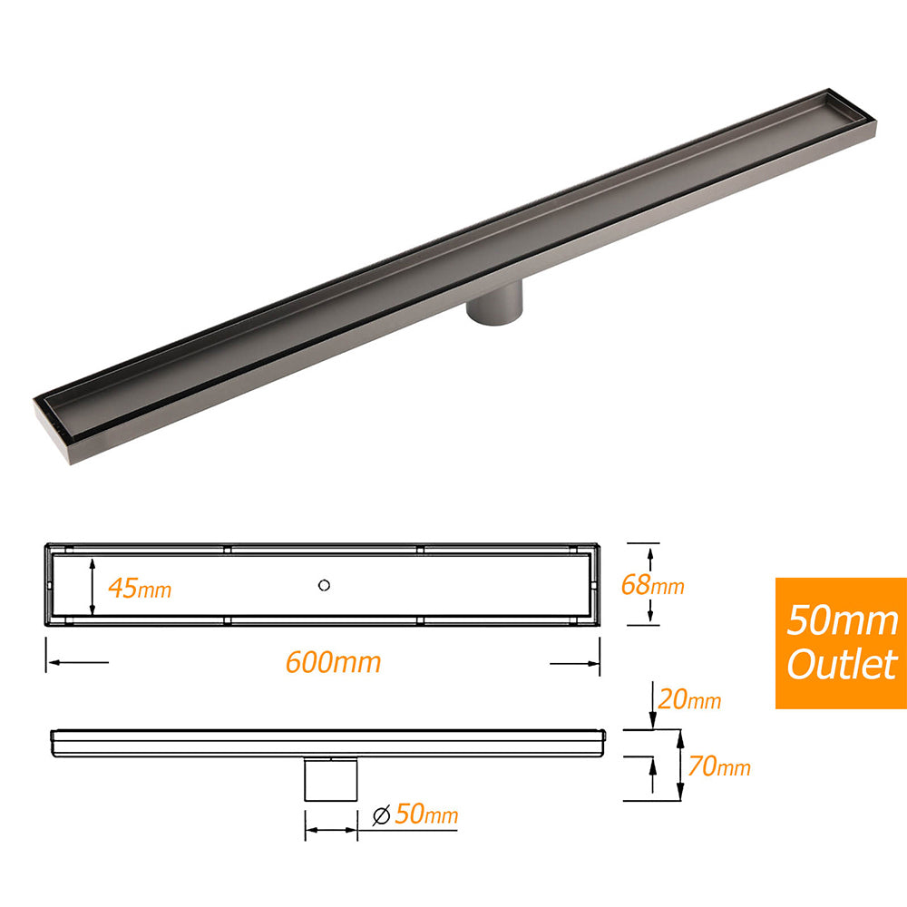 Gun Metal Tile Insert 600mm Linear Shower Grate Floor Drain 50mm Waste Outlet