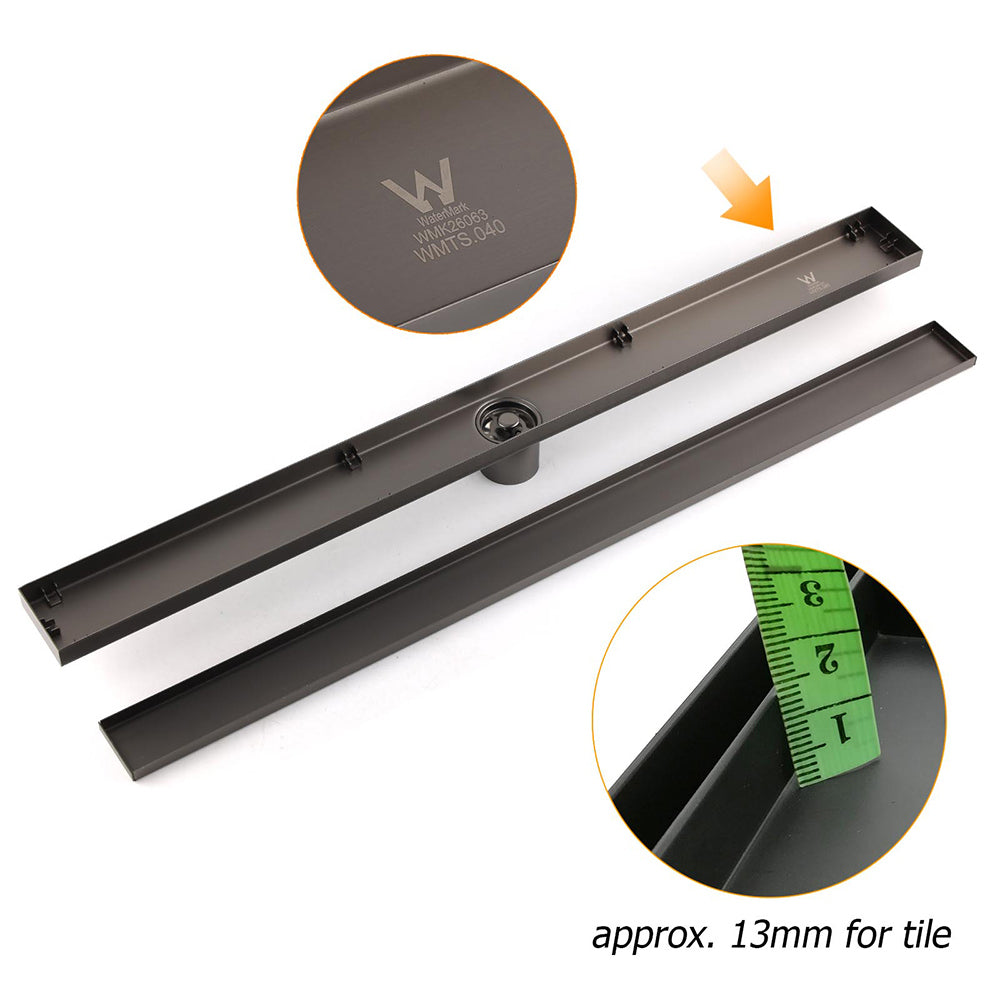 Gun Metal Tile Insert 600mm Linear Shower Grate Floor Drain 50mm Waste Outlet