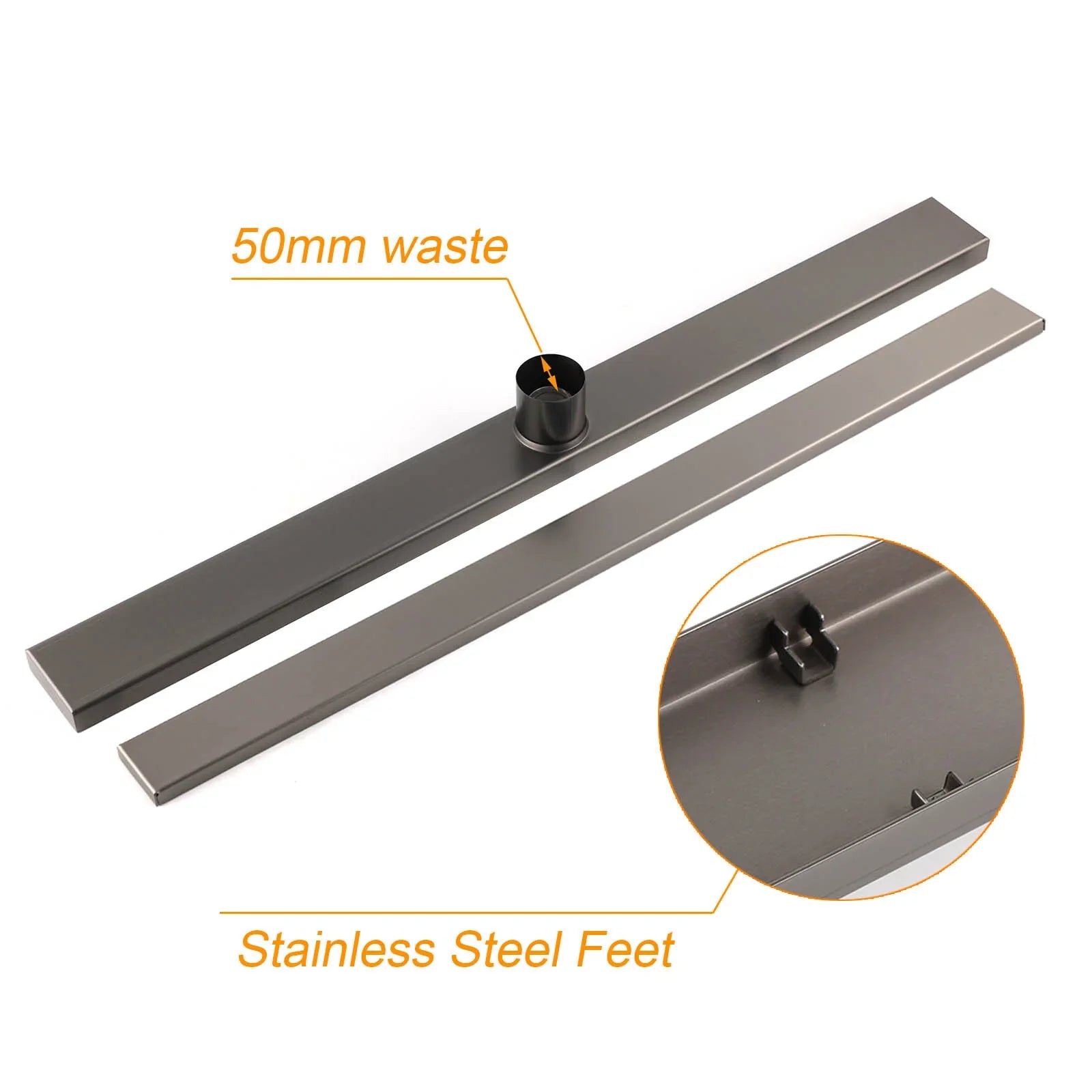Gun Metal Bathroom Tile Insert 800mm Linear Shower Grate Floor Drain 50mm Waste