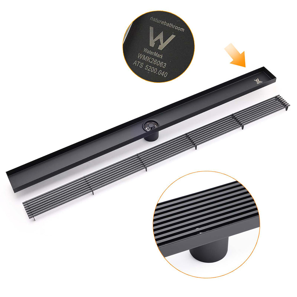 Matt Black 600mm Strip Fence Sword Shower Grate Floor Drain 50mm Waste Outlet