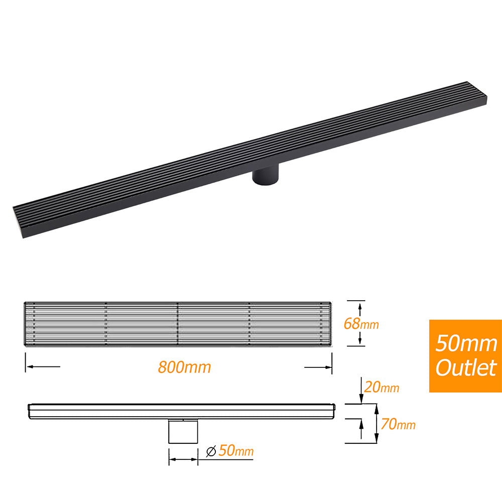 Matt Black 800mm Strip Fence Shower Grate Floor Drain Central 50mm Waste Outlet