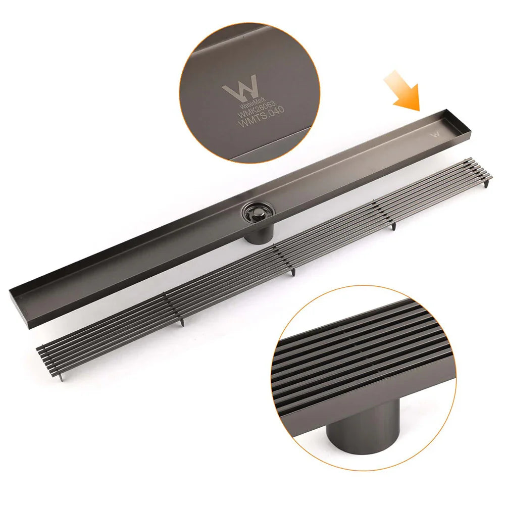 Watermark Gun Metal 800mm Strip Fence Linear Shower Grate Floor Drain 50mm Waste