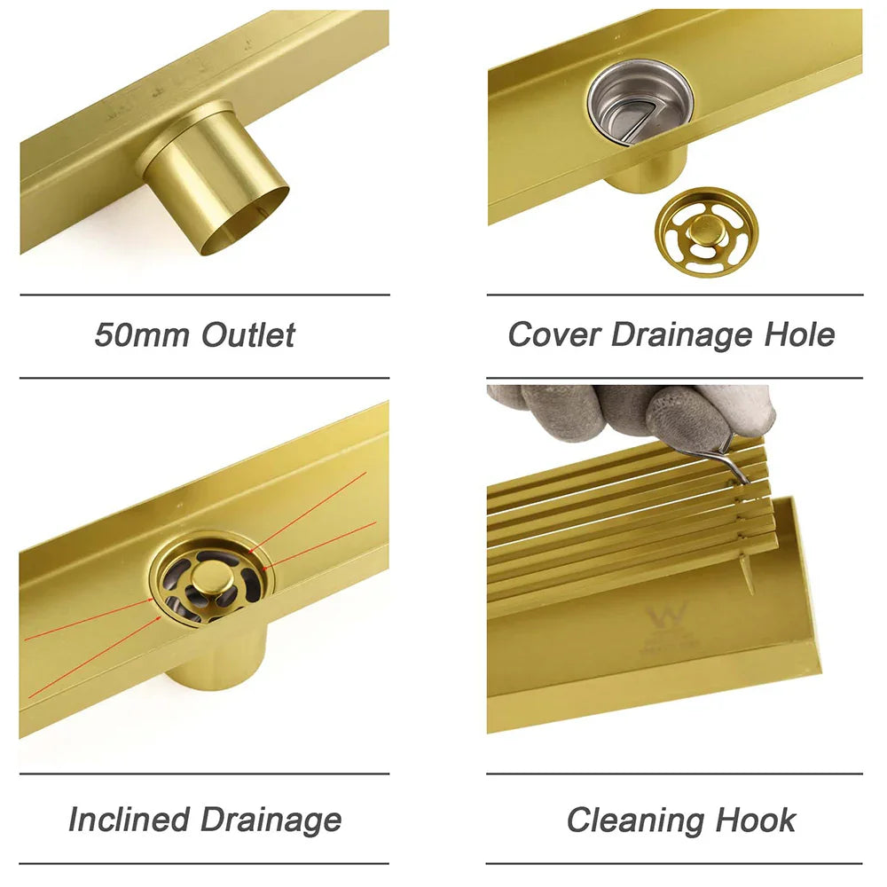 Brushed Gold SUS 900mm Strip Fence Bathroom Floor Shower Grate Drain 50mm Outlet
