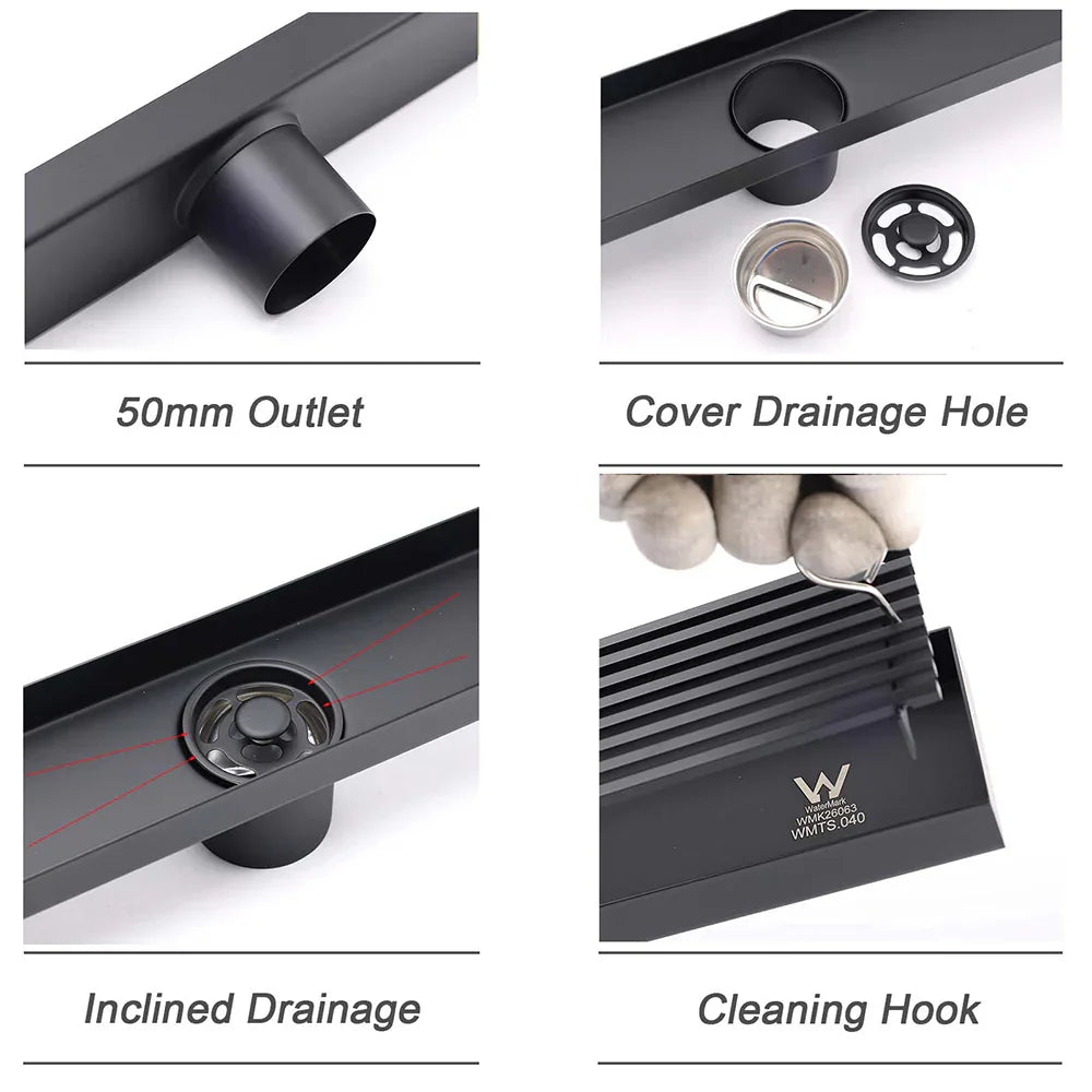 Matt Black 900mm Long Strip Fence Shower Grate Floor Drain 50mm Waste Watermark