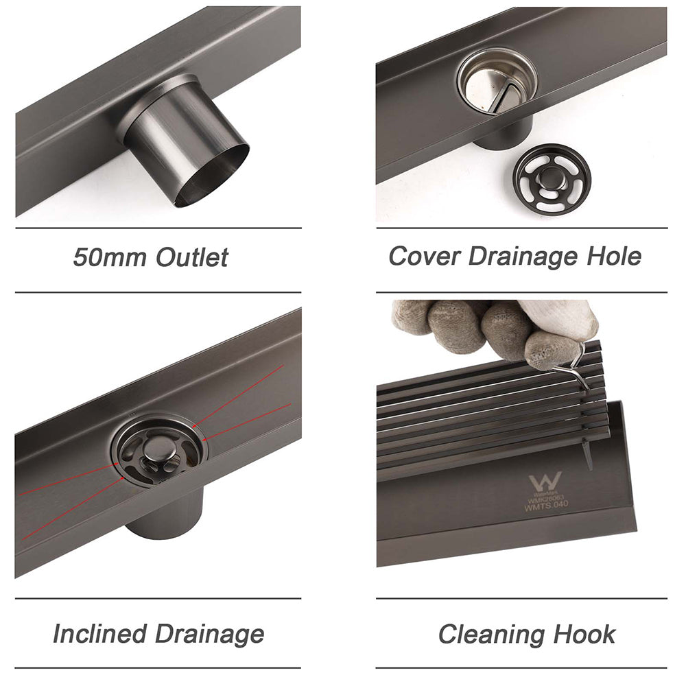 Gun Metal 900mm Strip Fence Linear Shower Grate Floor Drain 50mm Central Waste