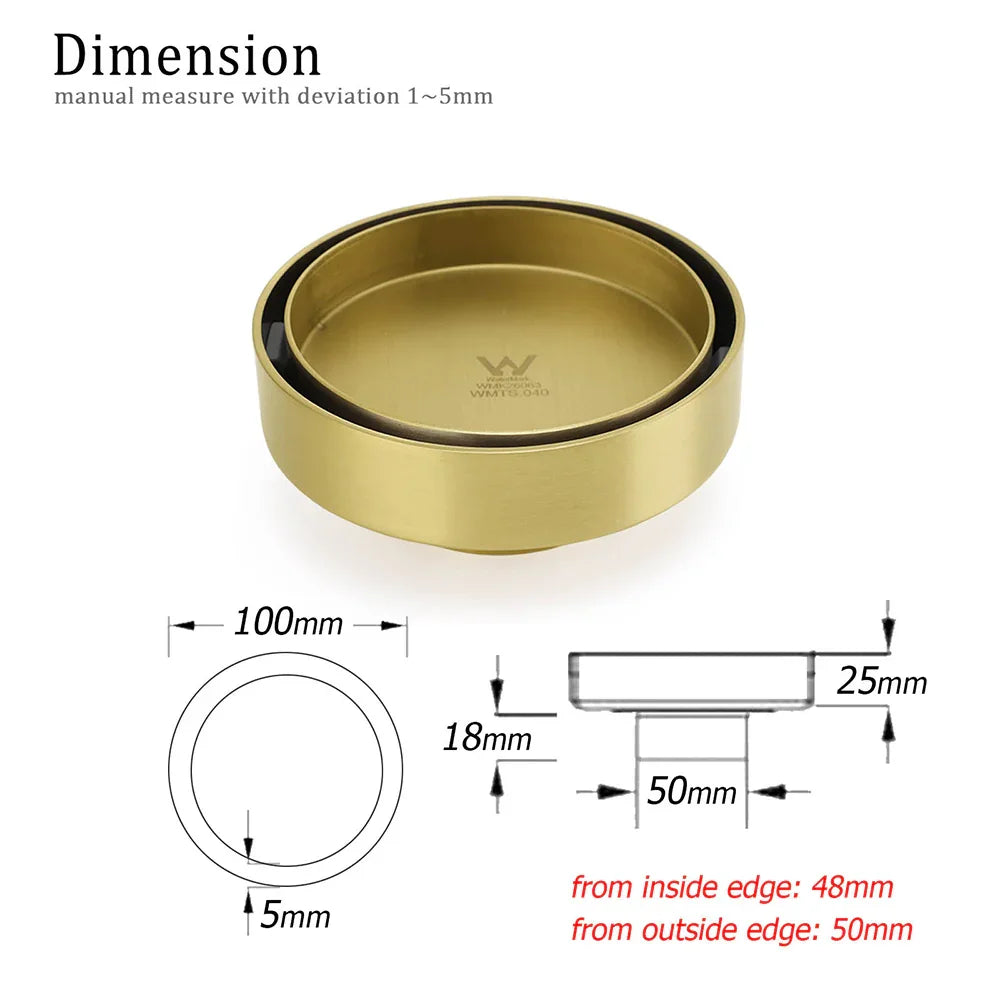 Brushed Gold Round 100mm Diamater Tile Insert Floor Drain Shower Grate 50mm Out
