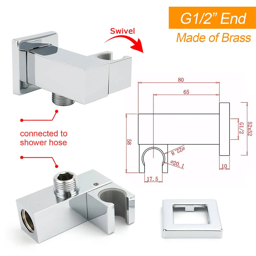 Chrome Square Water Inlet Shower Rose Bracket Swivel Holder Wall Elbow Connector G1/2