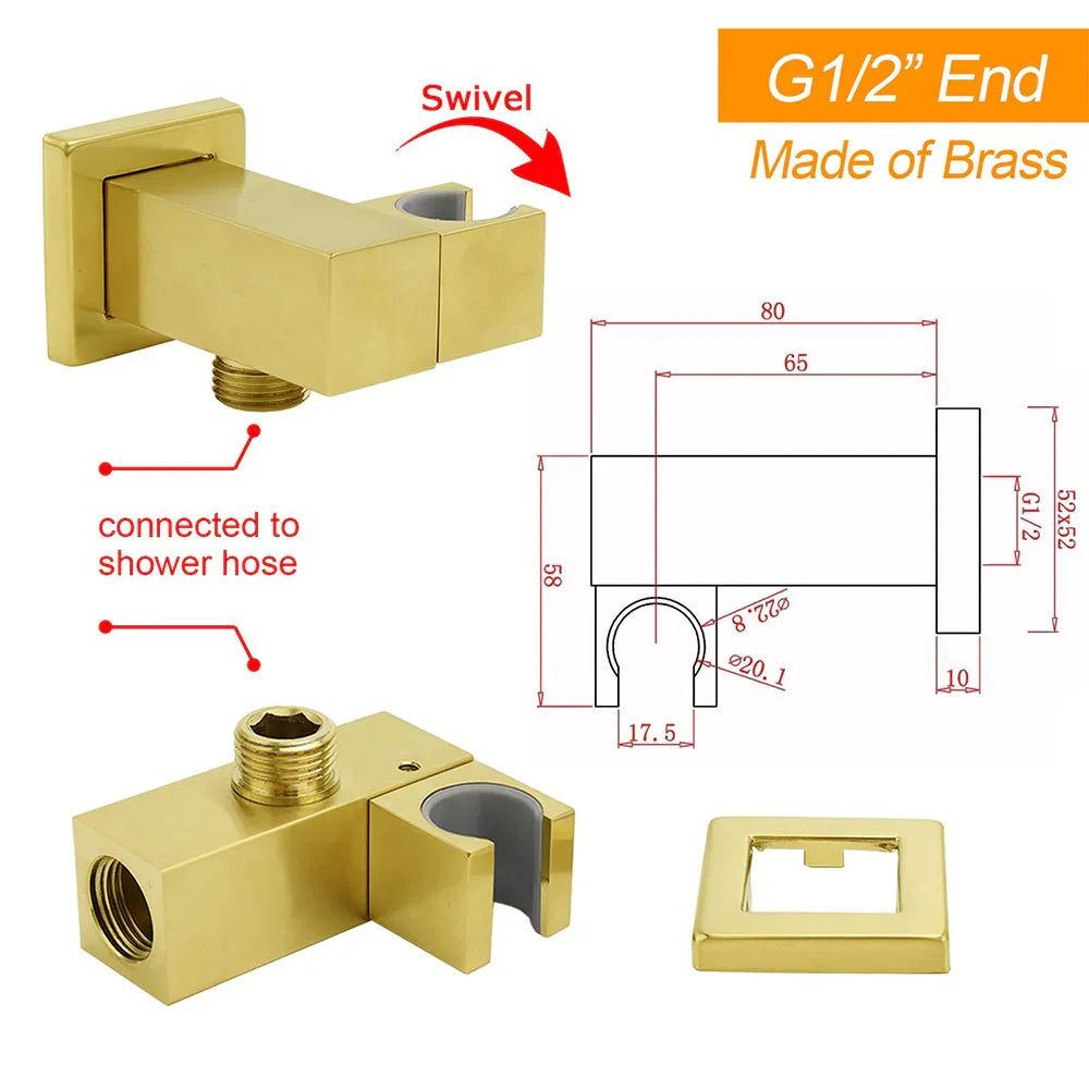Brushed Gold Swivel Shower Head Holder Bracket Wall Inlet Elbow Water Connector 1/2 Inch