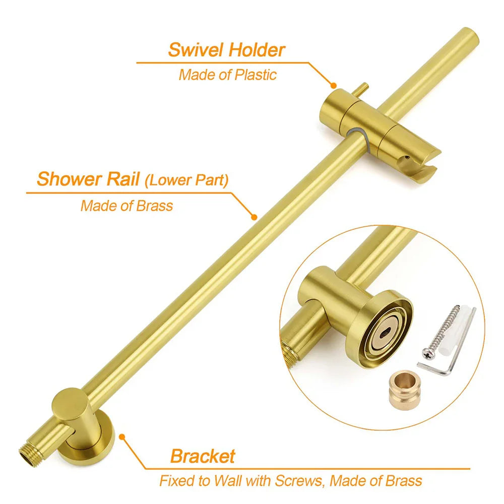Brushed Gold Twin Shower Set Sliding Rail Arm 8
