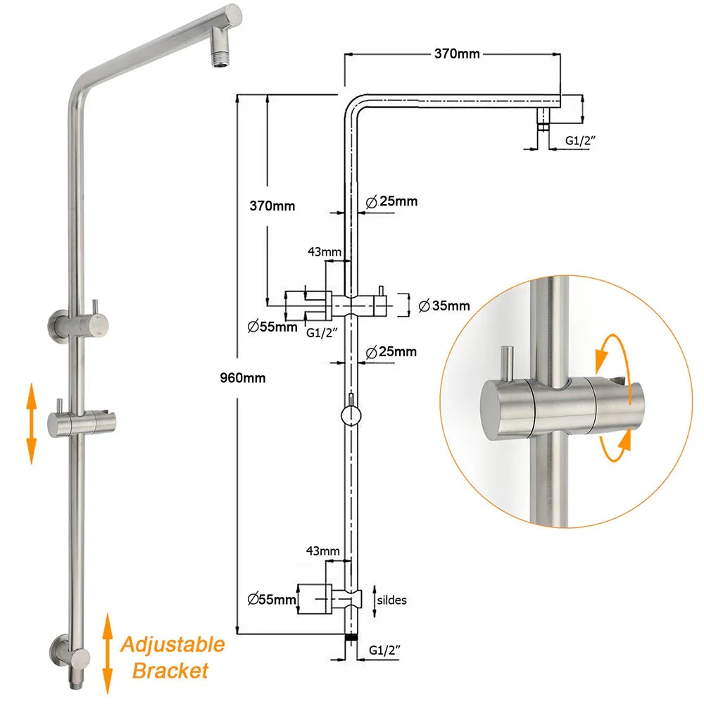 WELS Brushed Nickel Dual Shower Set Sliding Rail Arm 12