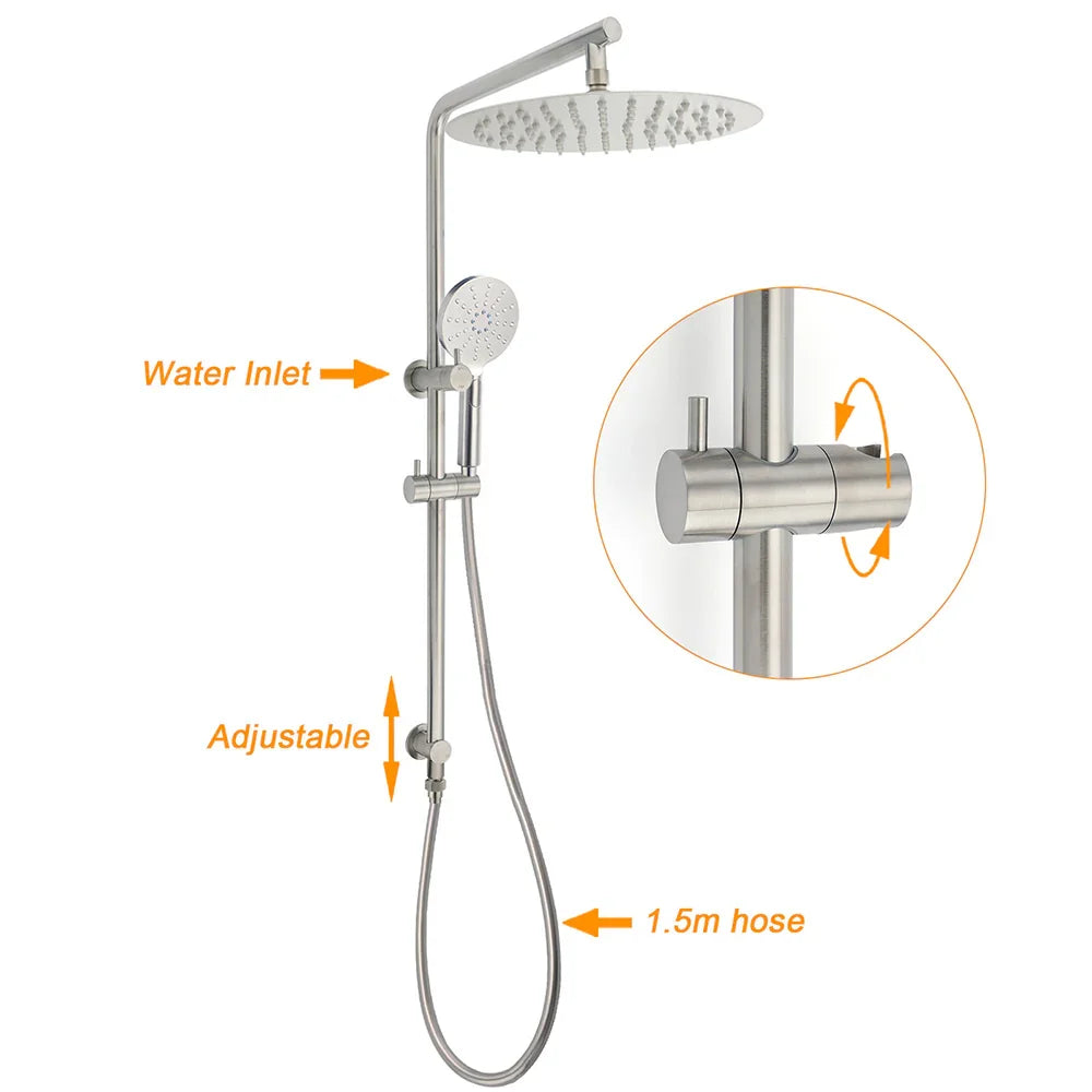 WELS Brushed Nickel 2in1 Shower Set Sliding Rail Arm 12