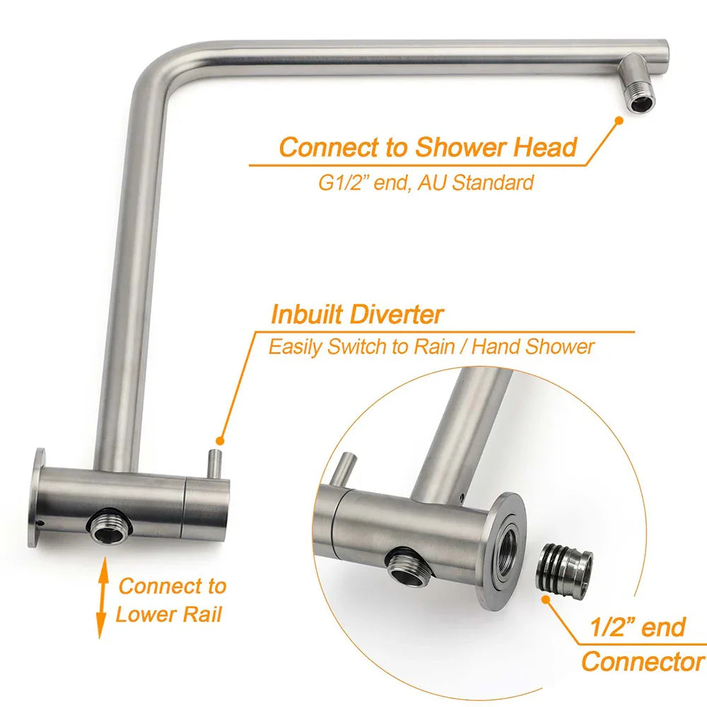 WELS Brushed Nickel 2in1 Shower Set Sliding Rail Arm 8