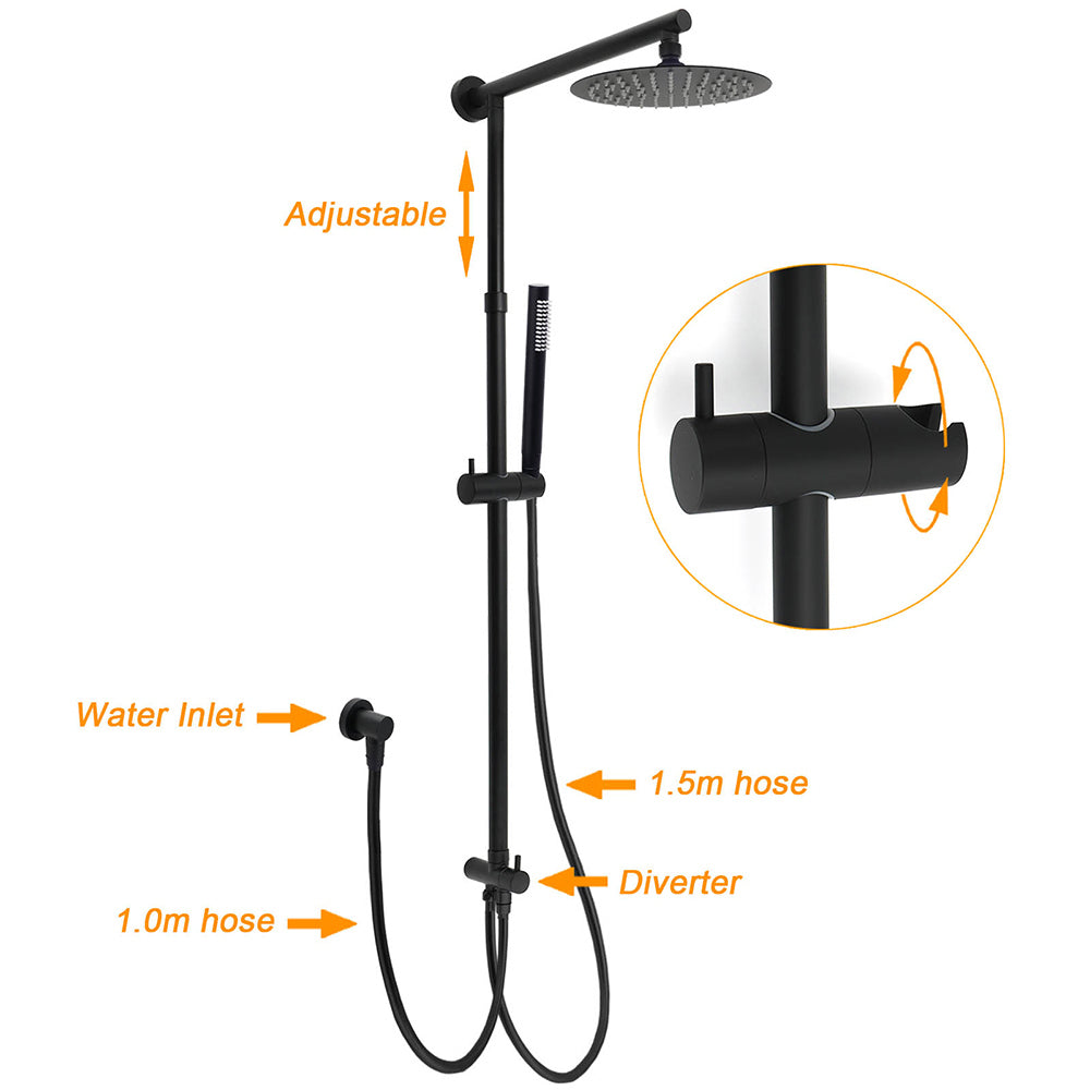 WELS Matt Black Twin Shower 8" Round Rain Head Set Sliding Rail Single Mode Handheld + Mixer