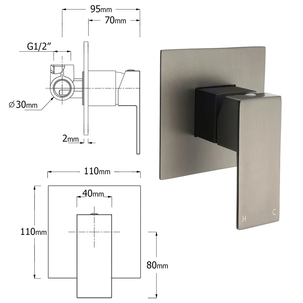 WELS Gun Metal 2in1 Shower Set Square 10