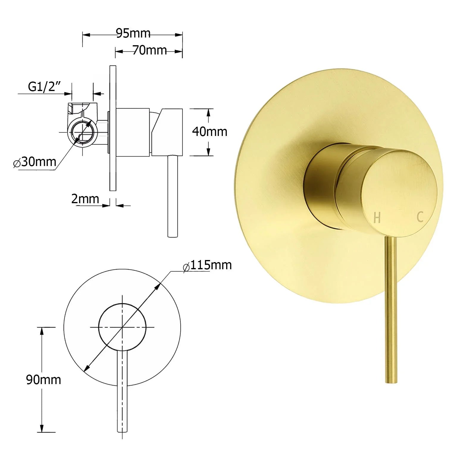 WELS Brushed Gold 2in1 Large Round Shower 12