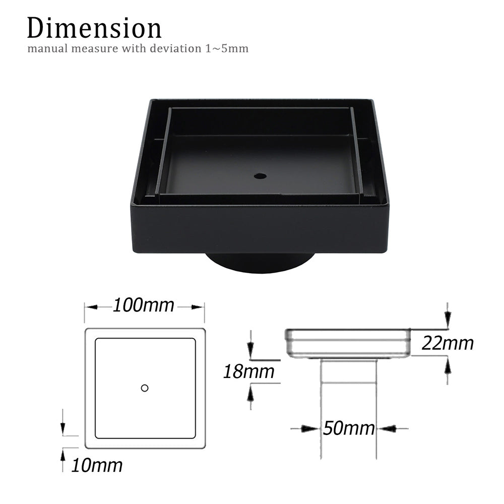 WaterMark Matt Black 100x100mm Square Tile Insert Shower Grate Floor Drain 50mm Waste