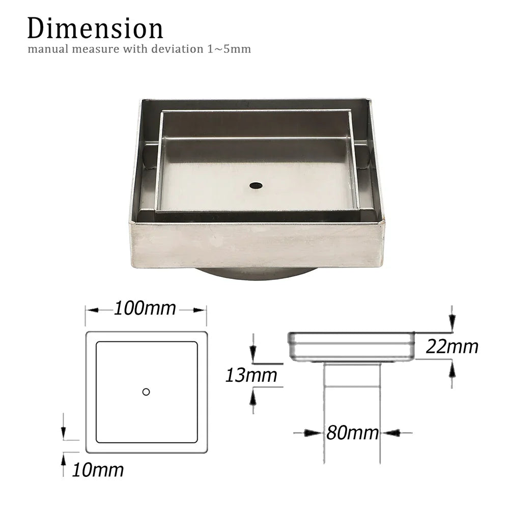 WaterMark Brushed 100mm Square Tile Insert Shower Grate Floor Drain 80mm Waste