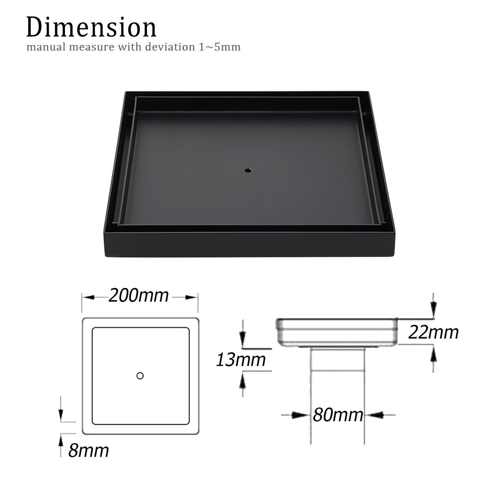 Watermark Matt Black Large 200mm Tile Insert Floor Drain Shower Grate 80mm Waste