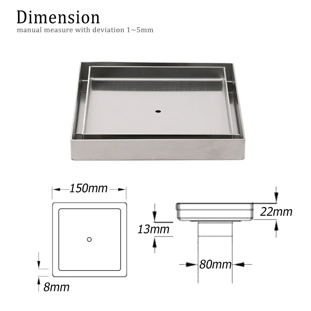 Square 150x150mm Tile Insert Floor Drain 80mm Waste Stainless Steel Shower Grate