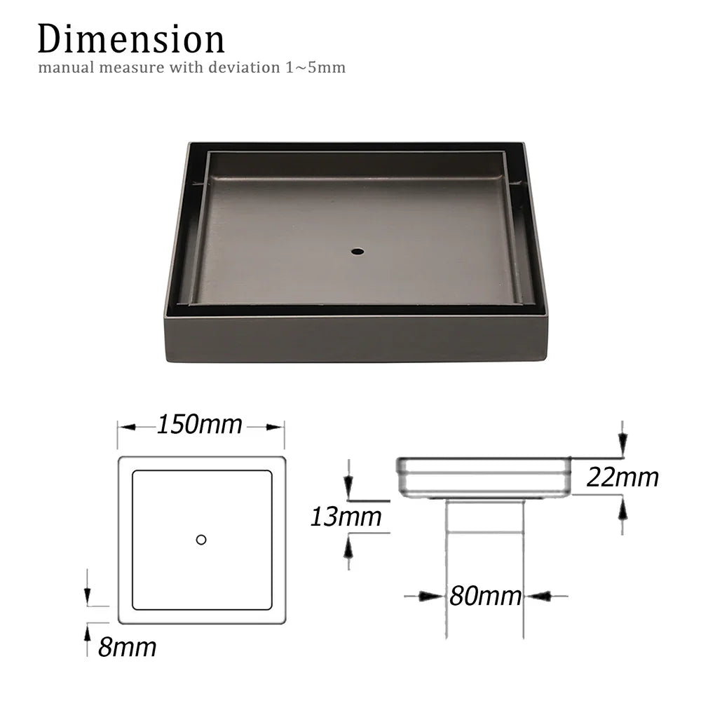Bathroom Gun Metal 150mm Tile Insert Floor Drain Shower Grate 80mm Waste Outlet