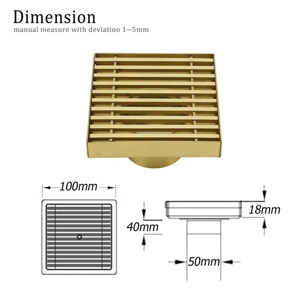 304 Stainless Steel 100x100mm Shower Drain Grate, Brushed Gold
