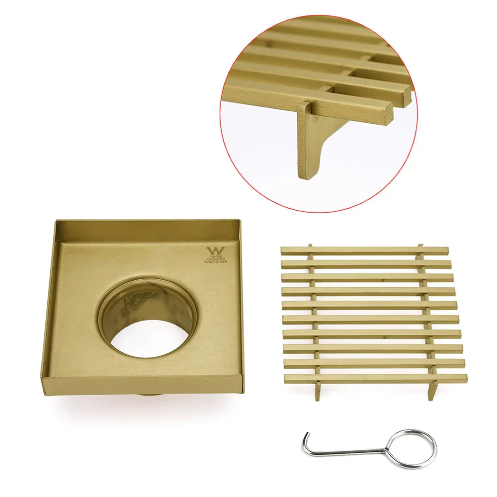 304 Stainless Steel 100x100mm Shower Drain Grate, Brushed Gold