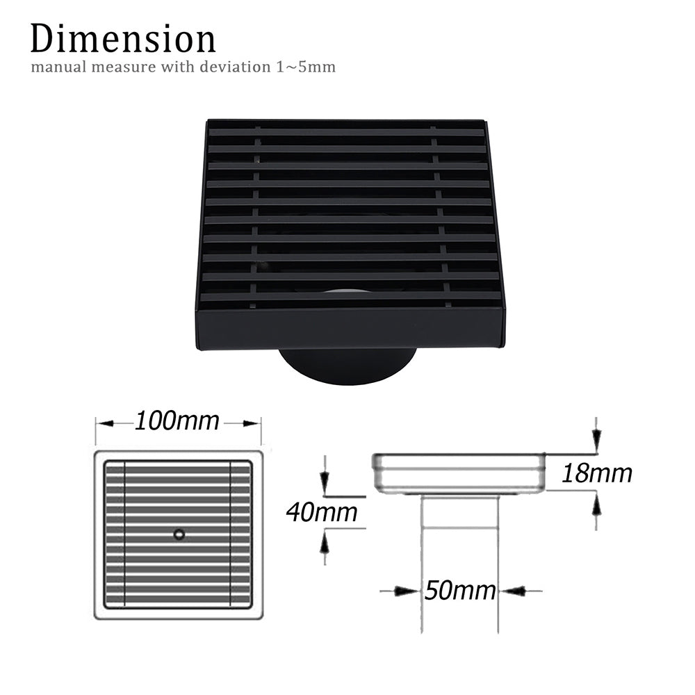 Matt Black 100mm Square Strip Fence Shower Grate Bathroom Floor Drain 50mm Waste