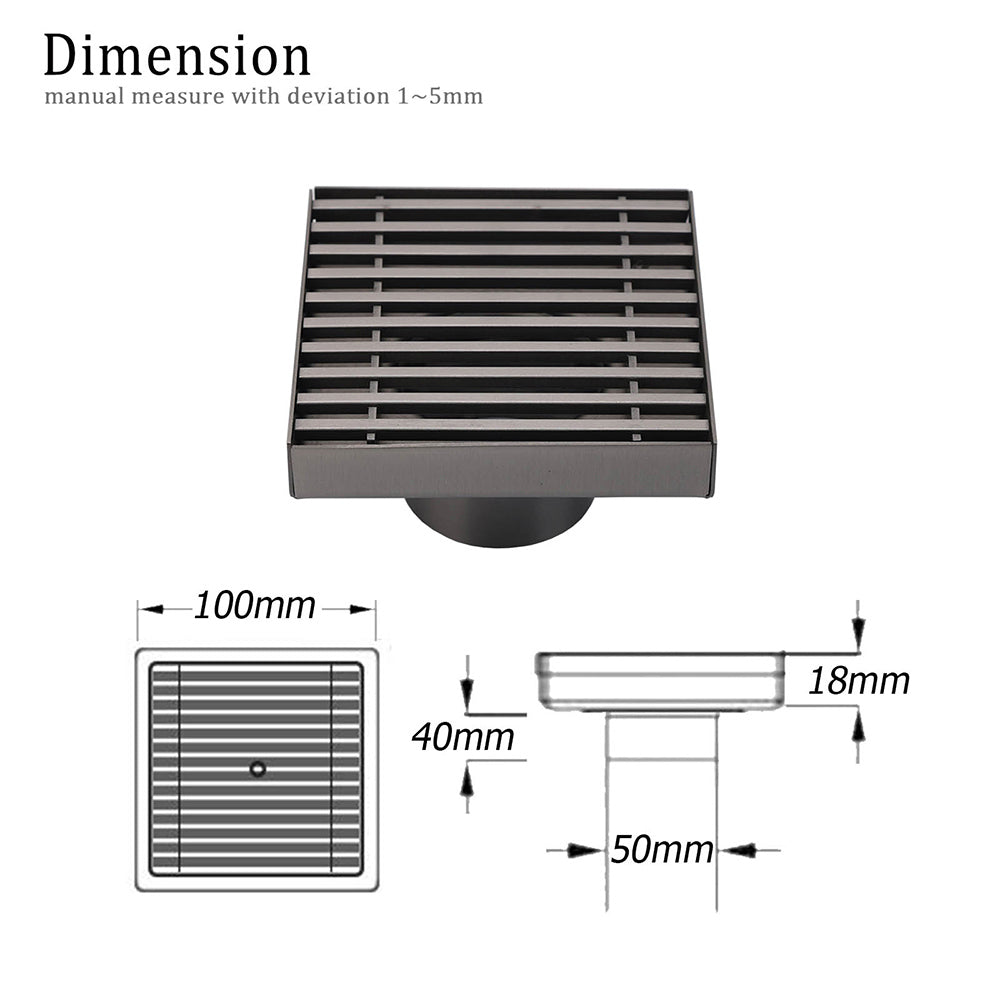 Gun Metal SUS 100mm Square Strip Fence Floor Drain Small Shower Grate 50mm Waste
