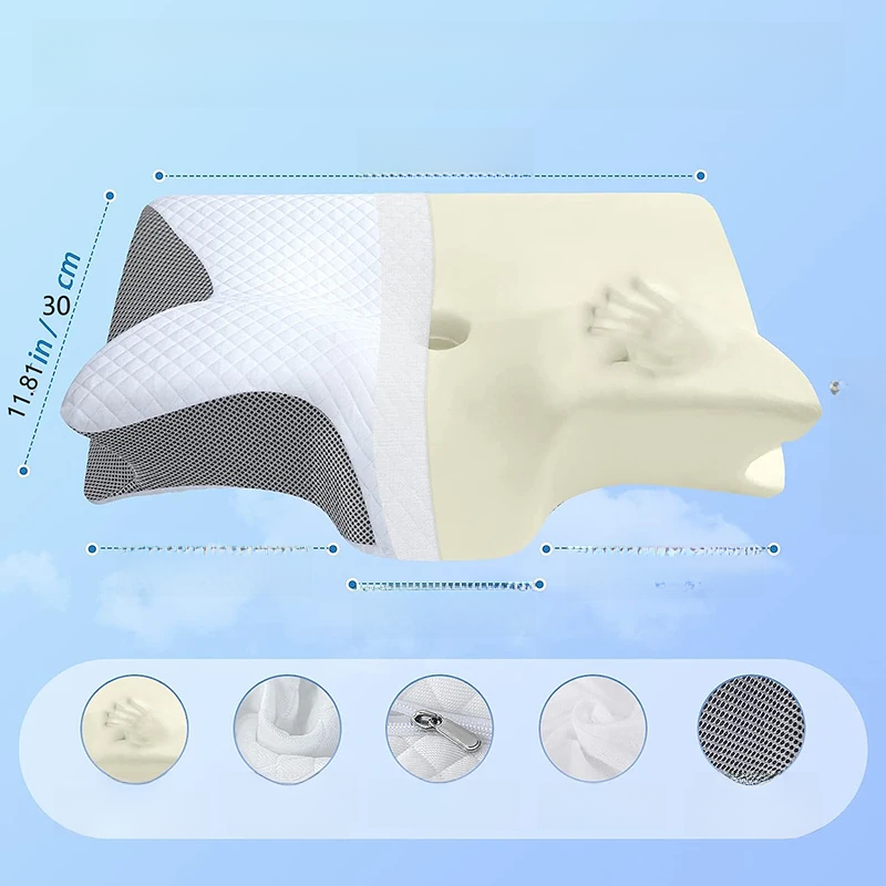 Viscoelastic Neck Pillow, Ergonomic 2-in-1 Contour Support, Light Gray