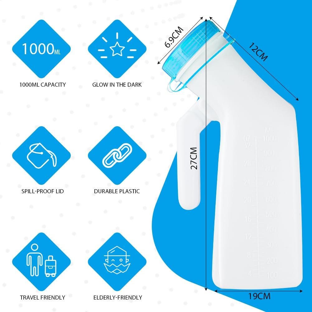 Urinal Bottle for Men, 1000ml Portable Pee Bottle with Screw Cap for Emergency Situations blue