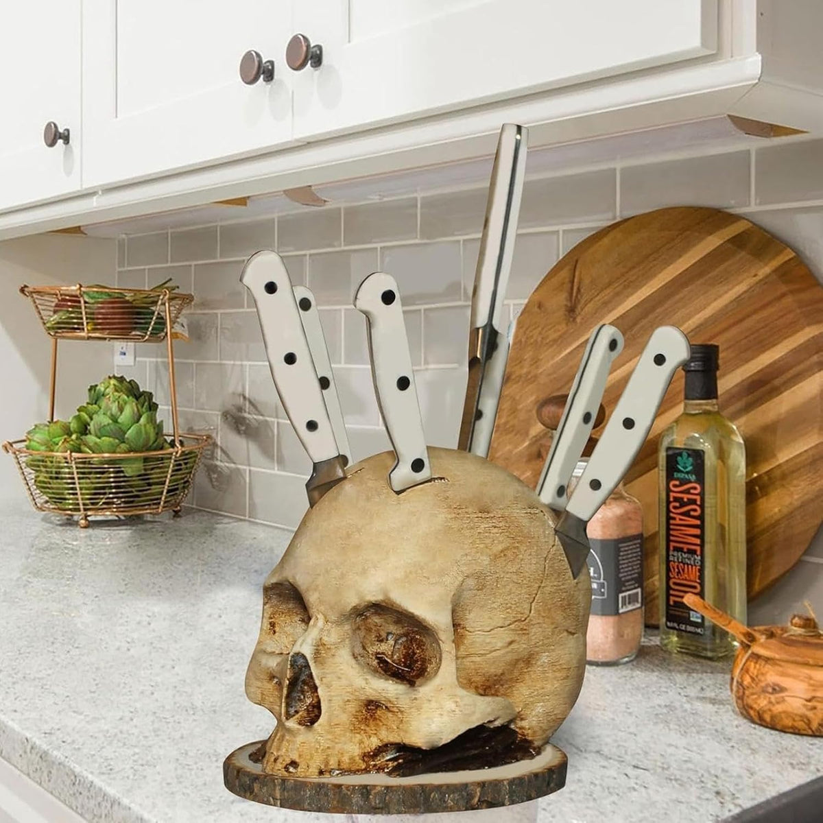 Skull Knife Holder, Horror Head Shaped Knife Holder, Knife Storage for Kitchen Countertop, Kitchen Skeleton Storage Knife Holder, Gothic Kitchen