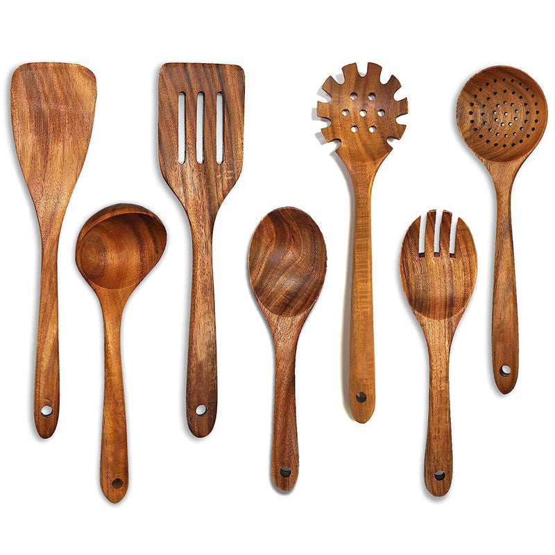 Wooden ladle set for cooking, 7 pcs wooden teak utensils, wooden kitchen utensil set, wooden kitchen utensils