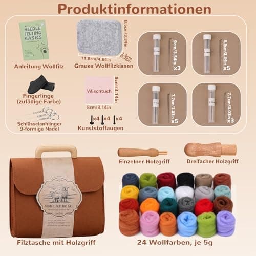Needle Felting Set, 24 Wool Colors, 16 Needles, Storage Bag, DIY Craft Kit