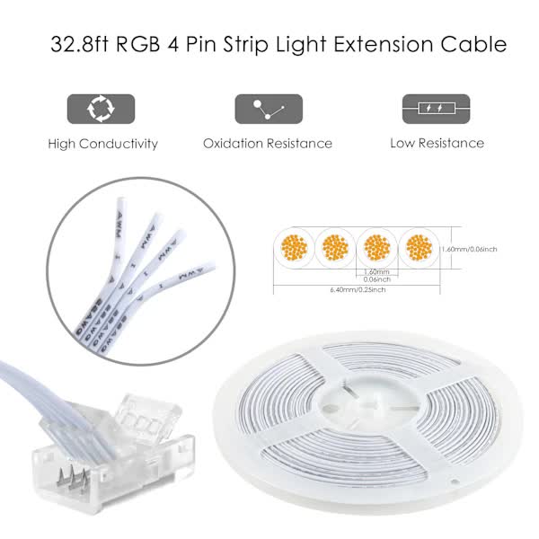 Pin 10mm RGB LED Strip Connector Kit, 5-Pack Crystal Strip Connectors with Screwdriver and 10m Cable for 10mm RGB 5050 2835 LED Strip Light