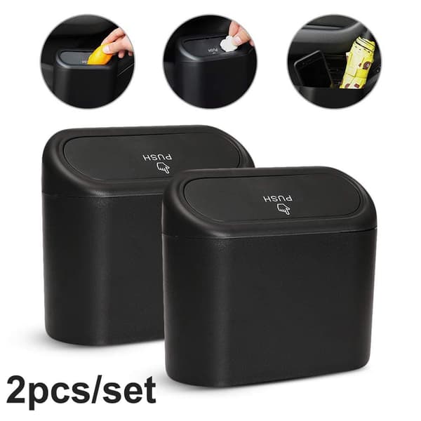 Small Car Trash Can, Car Storage Box, 2-Pack Small Waterproof Car Trash Can with Lid Portable Hanging Storage Box for Car Office
