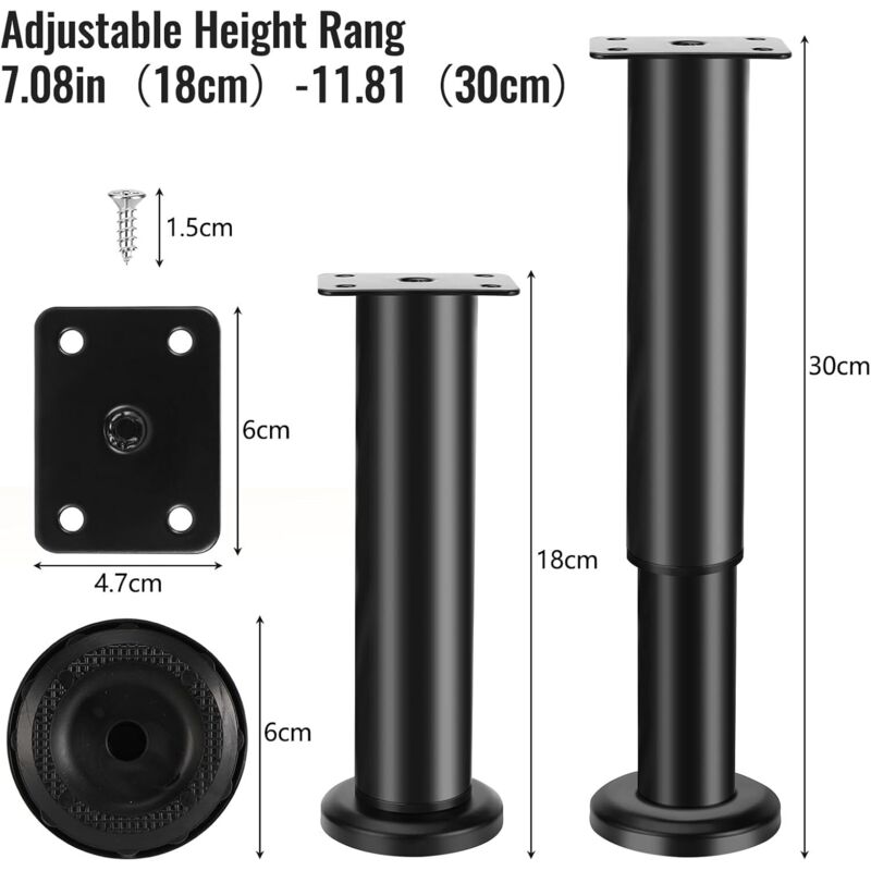 pcs Furniture Legs, 18-30 cm Adjustable Furniture Legs with 18 pcs Screws, Metal Bathroom Cabinet Feet for Sofa Cabinet Table Leg Chair - Black