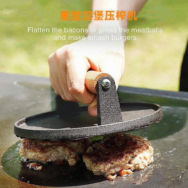 Pre-Seasoned Cast Iron Hamburger Press, Heavy Duty Hamburger Crusher for Griddle with Heat Resistant Handle Circle[CO]