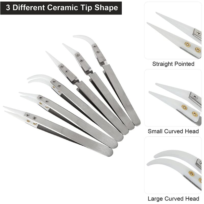 6pcs Precision Ceramic Inverted Soldering Tweezers Non-conductive Antimagnetic Pointed Curved Tips